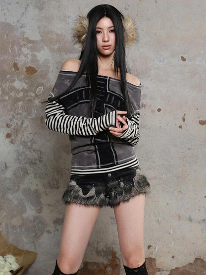 ARIADNAw Punk Rock Low Rise Corduroy Patchwork Denim Shorts
