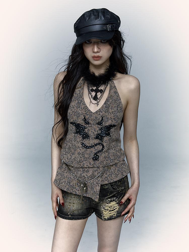 NO ROMANCE禁忌浪漫 Punk Rock Spiked Devil Embroidery Leopard Print Halter Vest Top