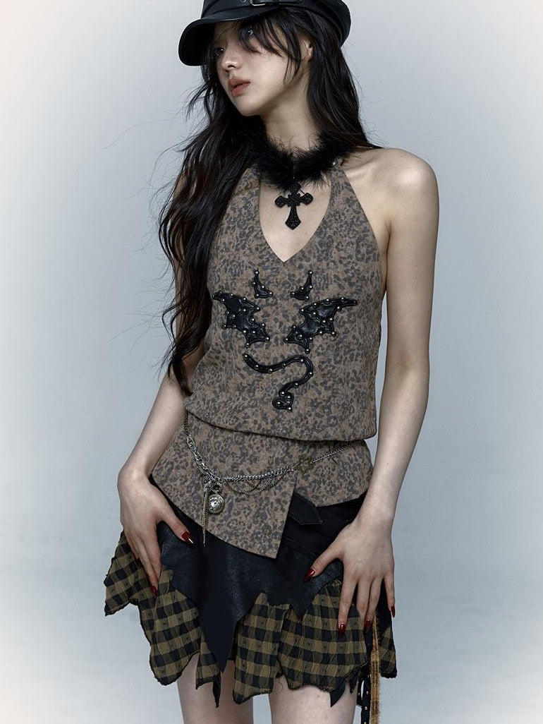 NO ROMANCE禁忌浪漫 Punk Rock Spiked Devil Embroidery Leopard Print Halter Vest Top