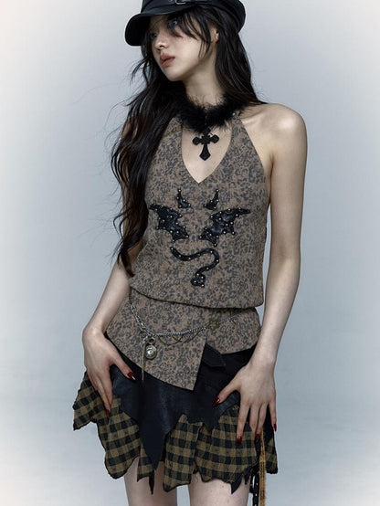 NO ROMANCE禁忌浪漫 Punk Rock Spiked Devil Embroidery Leopard Print Halter Vest Top