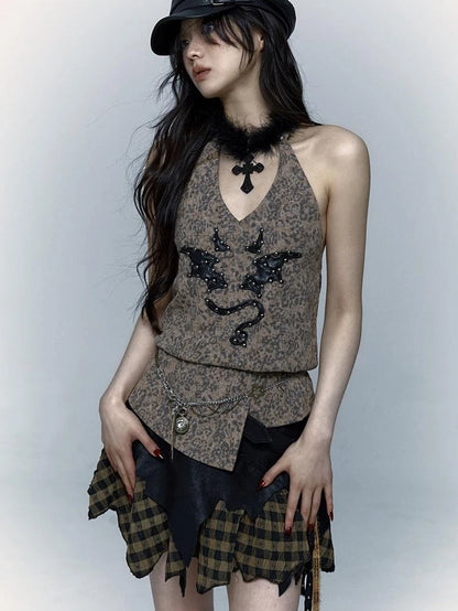 Punk Rock Spiked Devil Embroidery Leopard Print Halter Vest Top