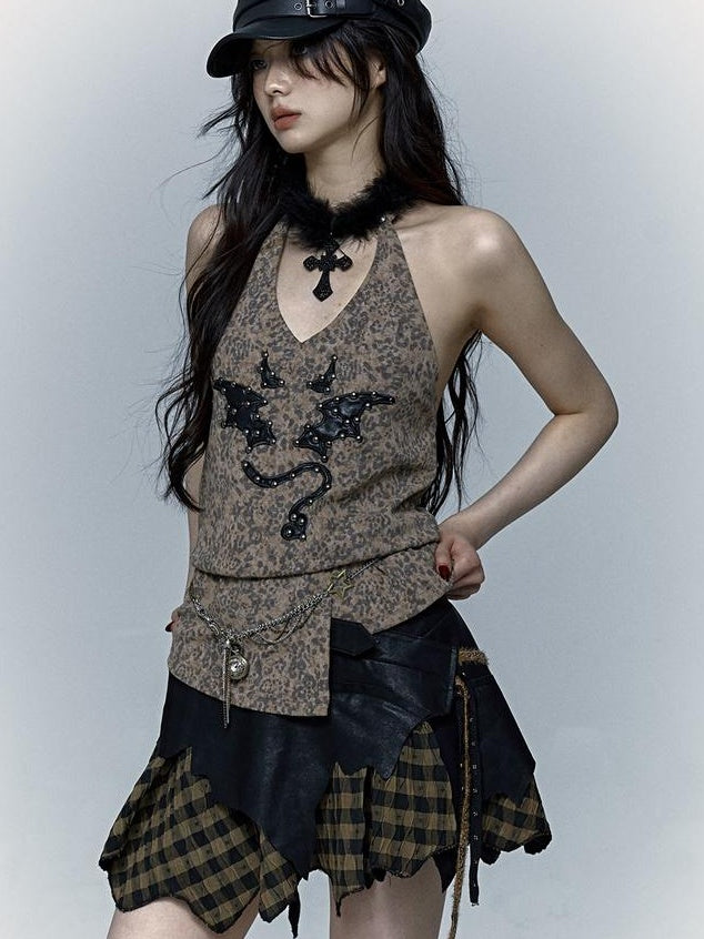 NO ROMANCE禁忌浪漫 Punk Rock Spiked Devil Embroidery Leopard Print Halter Vest Top