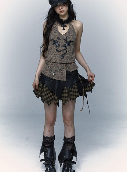 NO ROMANCE禁忌浪漫 Punk Rock Spiked Devil Embroidery Leopard Print Halter Vest Top