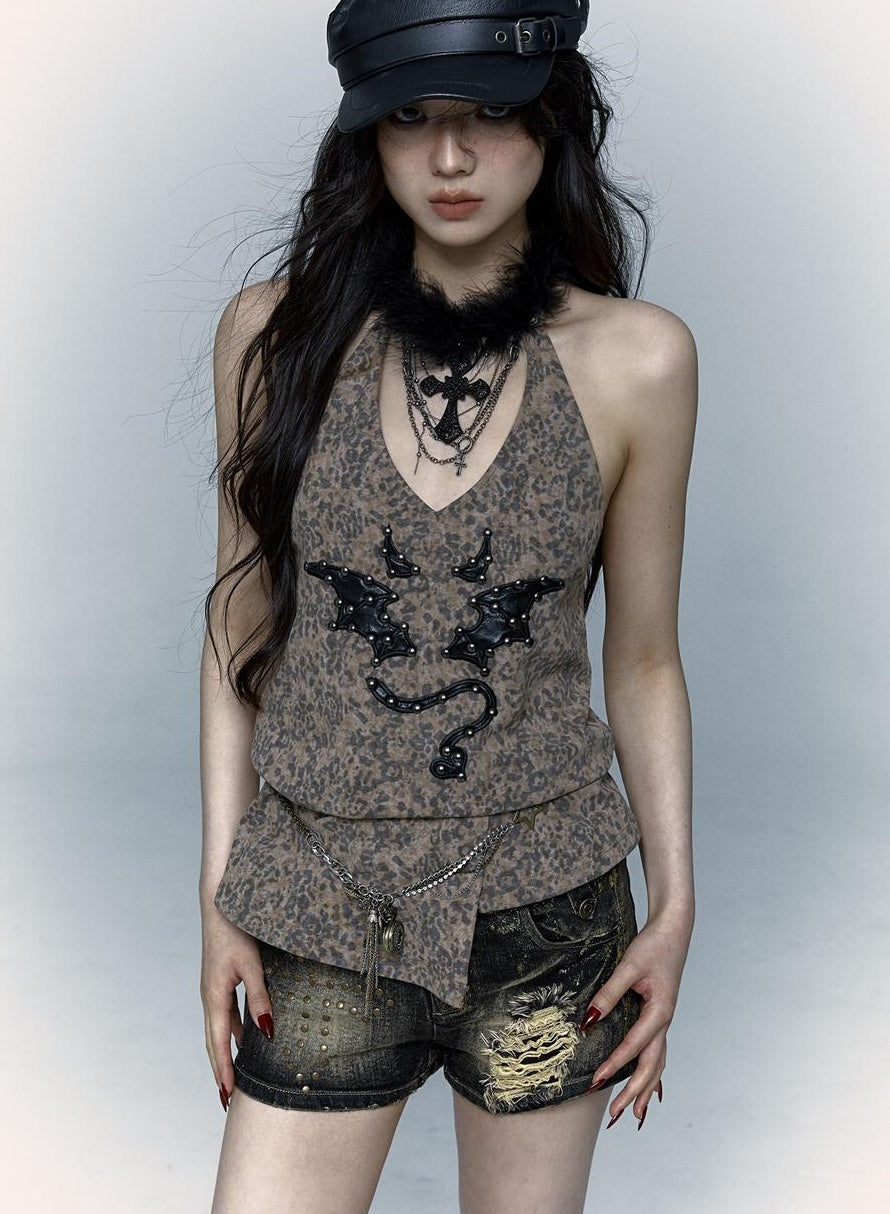 NO ROMANCE禁忌浪漫 Punk Rock Spiked Devil Embroidery Leopard Print Halter Vest Top
