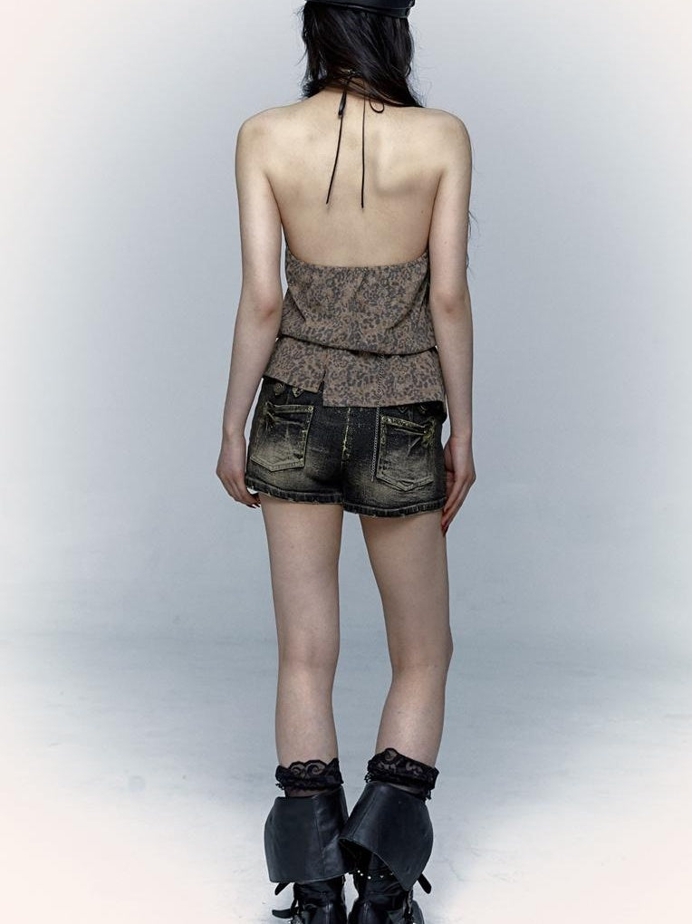 NO ROMANCE禁忌浪漫 Punk Rock Spiked Devil Embroidery Leopard Print Halter Vest Top