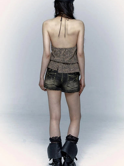 Punk Rock Spiked Devil Embroidery Leopard Print Halter Vest Top