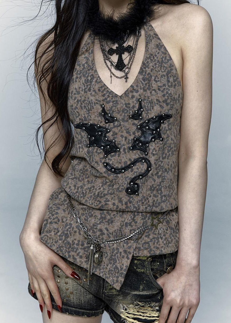 NO ROMANCE禁忌浪漫 Punk Rock Spiked Devil Embroidery Leopard Print Halter Vest Top