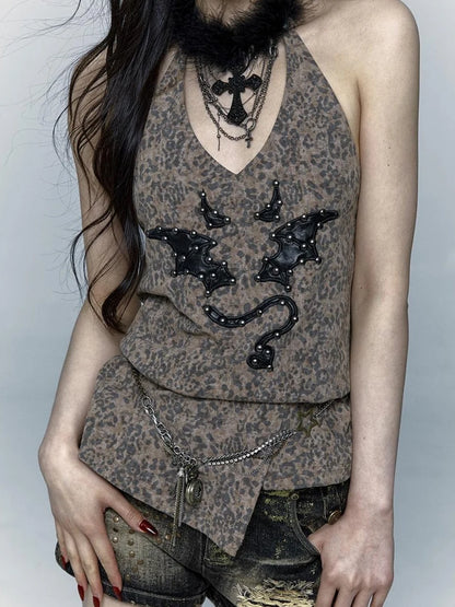 Punk Rock Spiked Devil Embroidery Leopard Print Halter Vest Top