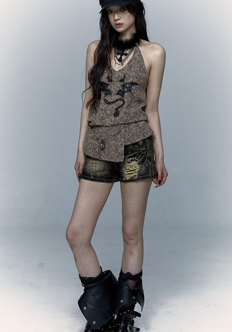 NO ROMANCE禁忌浪漫 Punk Rock Spiked Devil Embroidery Leopard Print Halter Vest Top