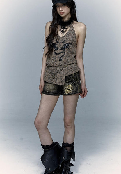 NO ROMANCE禁忌浪漫 Punk Rock Spiked Devil Embroidery Leopard Print Halter Vest Top