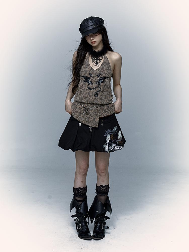 NO ROMANCE禁忌浪漫 Punk Rock Spiked Devil Embroidery Leopard Print Halter Vest Top
