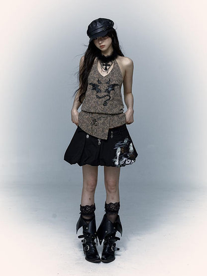 NO ROMANCE禁忌浪漫 Punk Rock Spiked Devil Embroidery Leopard Print Halter Vest Top