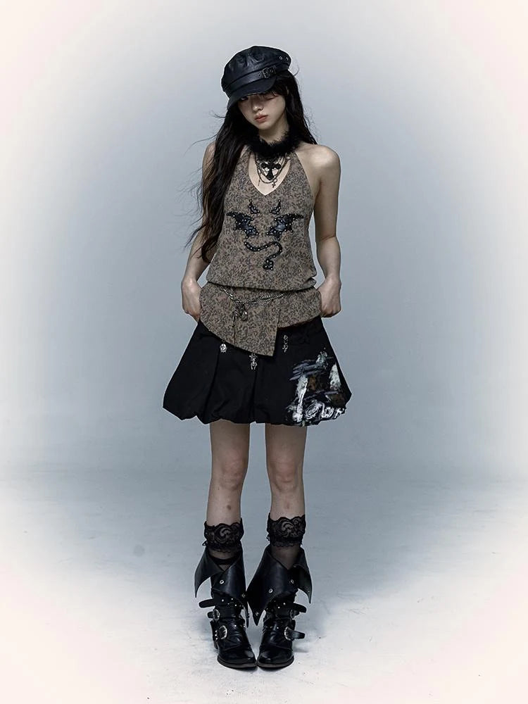 Punk Rock Spiked Devil Embroidery Leopard Print Halter Vest Top