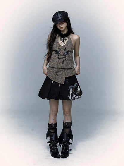 Punk Rock Spiked Devil Embroidery Leopard Print Halter Vest Top