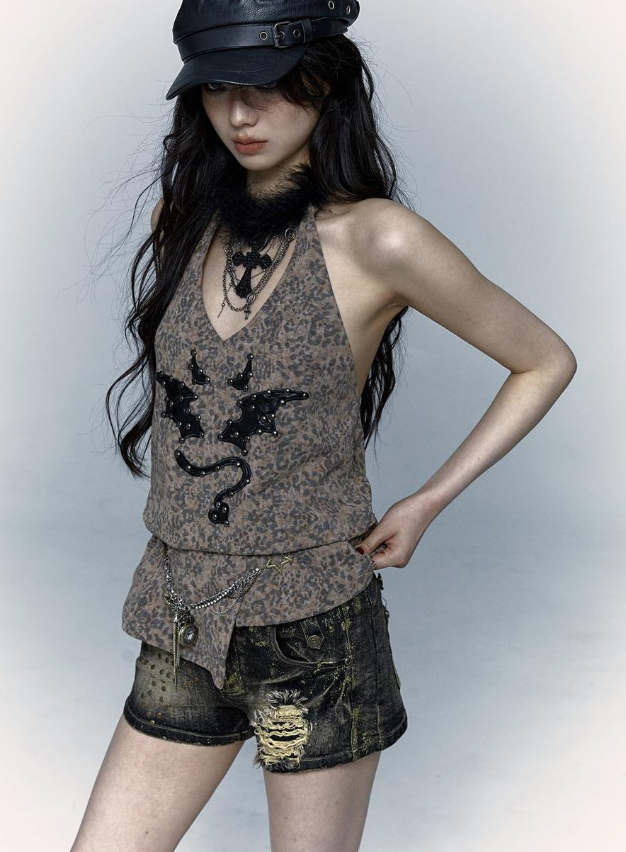 NO ROMANCE禁忌浪漫 Punk Rock Spiked Devil Embroidery Leopard Print Halter Vest Top