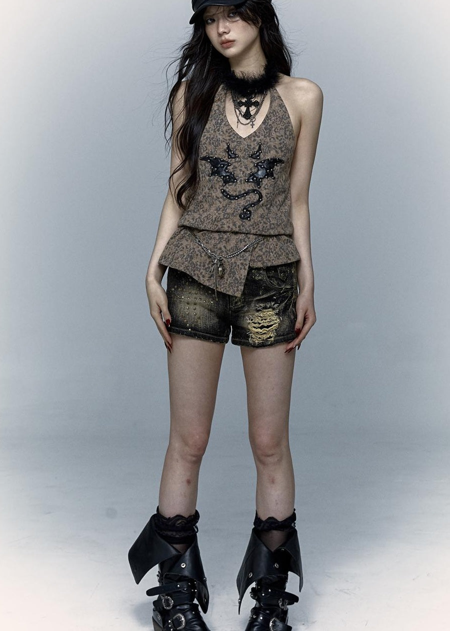 NO ROMANCE禁忌浪漫 Punk Rock Spiked Devil Embroidery Leopard Print Halter Vest Top