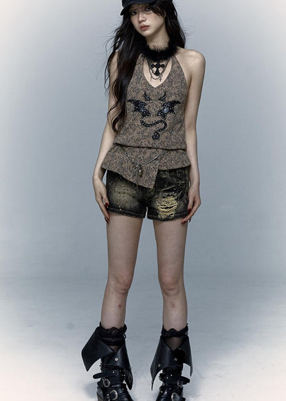 NO ROMANCE禁忌浪漫 Punk Rock Spiked Devil Embroidery Leopard Print Halter Vest Top