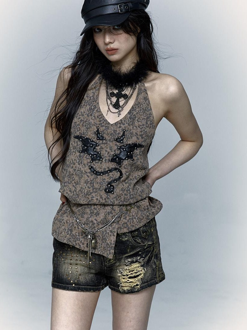 NO ROMANCE禁忌浪漫 Punk Rock Spiked Devil Embroidery Leopard Print Halter Vest Top