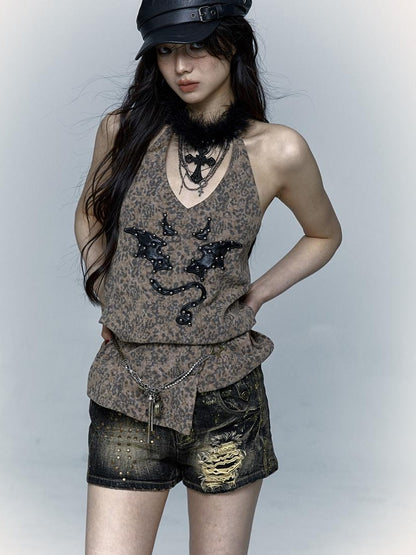 NO ROMANCE禁忌浪漫 Punk Rock Spiked Devil Embroidery Leopard Print Halter Vest Top