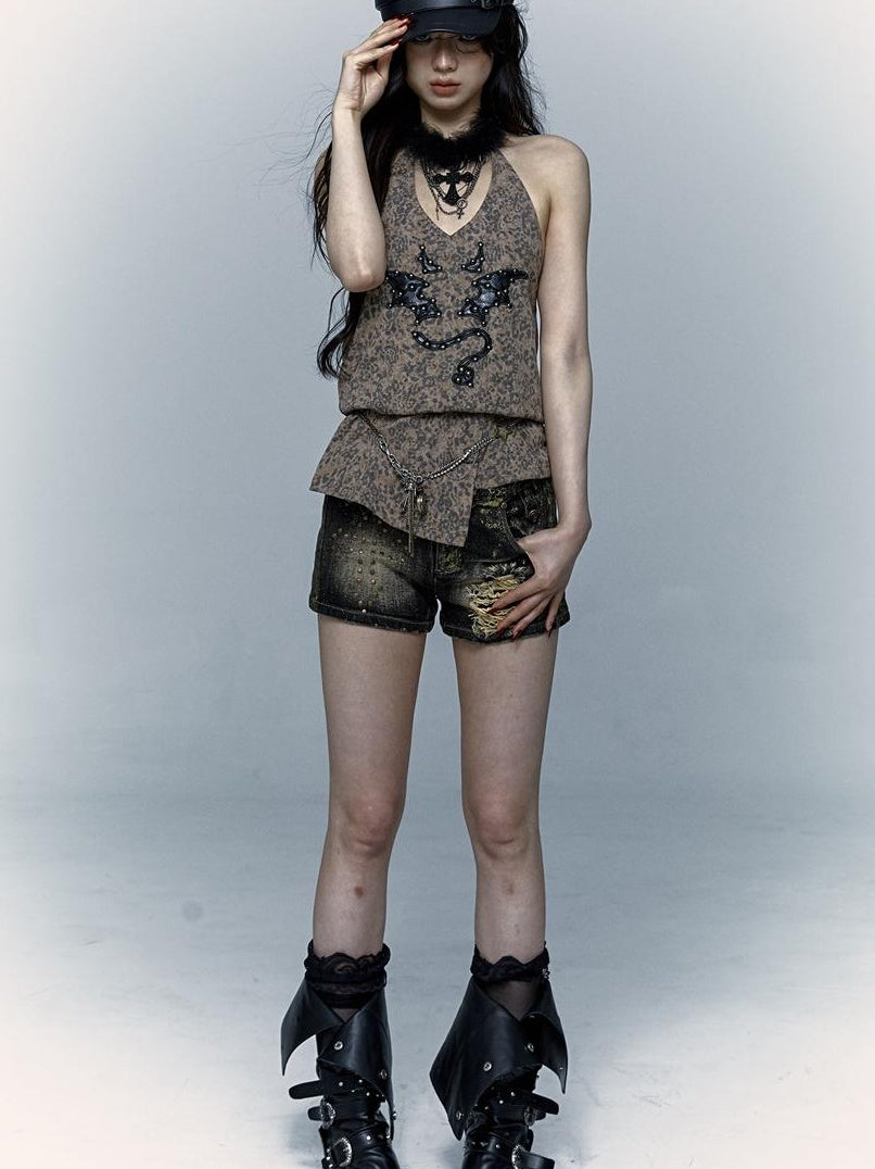 NO ROMANCE禁忌浪漫 Punk Rock Spiked Devil Embroidery Leopard Print Halter Vest Top