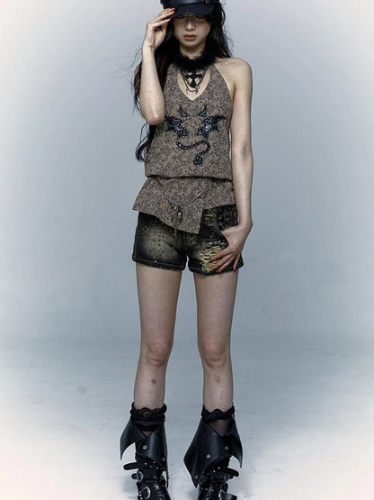 Punk Rock Spiked Devil Embroidery Leopard Print Halter Vest Top