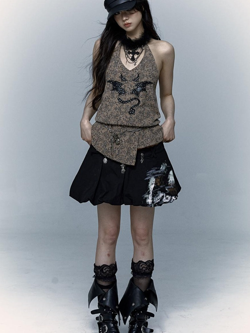 NO ROMANCE禁忌浪漫 Punk Rock Spiked Devil Embroidery Leopard Print Halter Vest Top
