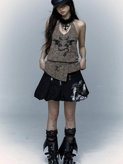 Punk Rock Spiked Devil Embroidery Leopard Print Halter Vest Top