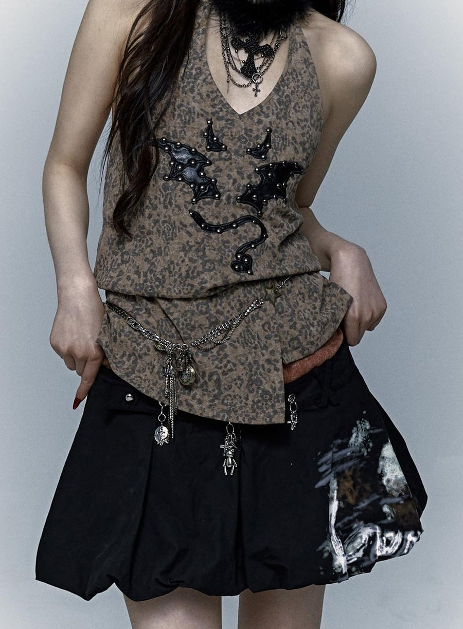 NO ROMANCE禁忌浪漫 Punk Rock Spiked Devil Embroidery Leopard Print Halter Vest Top