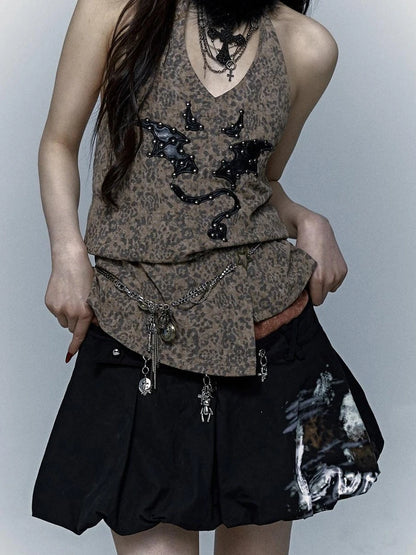 Punk Rock Spiked Devil Embroidery Leopard Print Halter Vest Top