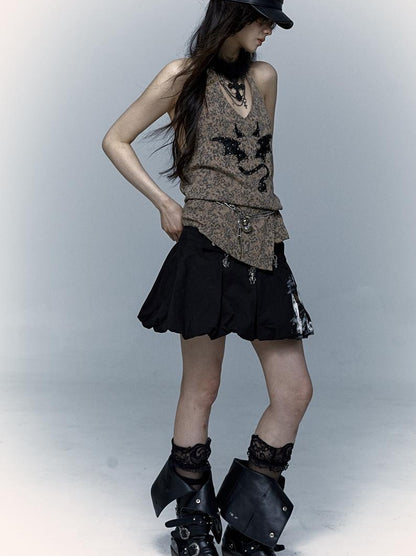 NO ROMANCE禁忌浪漫 Punk Rock Spiked Devil Embroidery Leopard Print Halter Vest Top