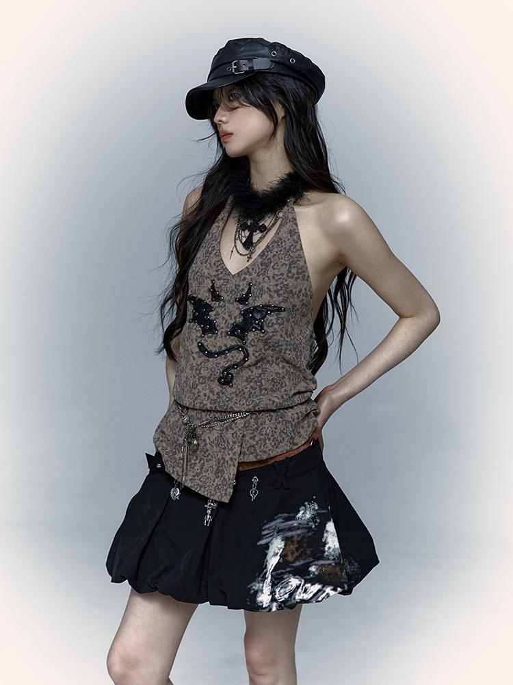 NO ROMANCE禁忌浪漫 Punk Rock Spiked Devil Embroidery Leopard Print Halter Vest Top