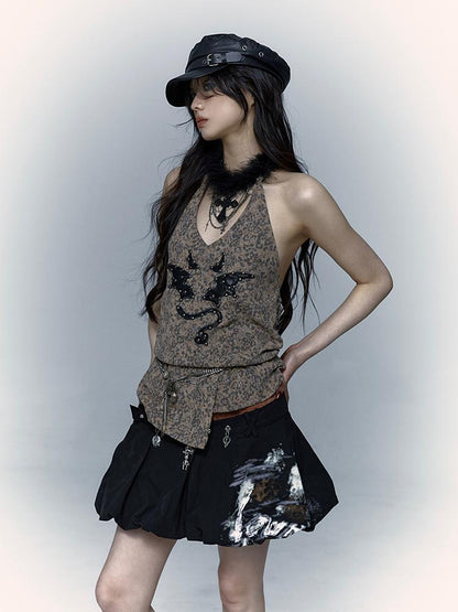 NO ROMANCE禁忌浪漫 Punk Rock Spiked Devil Embroidery Leopard Print Halter Vest Top