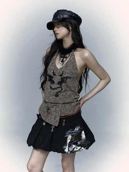 Punk Rock Spiked Devil Embroidery Leopard Print Halter Vest Top