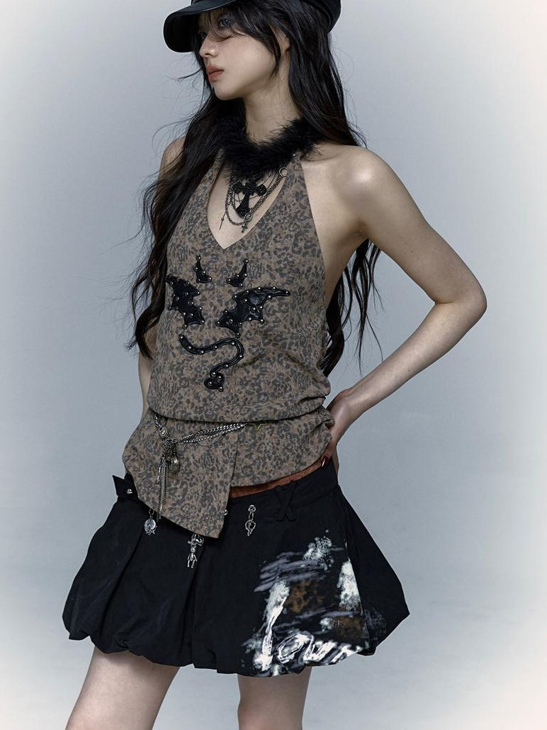 NO ROMANCE禁忌浪漫 Punk Rock Spiked Devil Embroidery Leopard Print Halter Vest Top