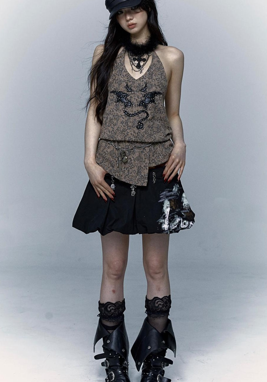 NO ROMANCE禁忌浪漫 Punk Rock Spiked Devil Embroidery Leopard Print Halter Vest Top