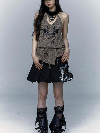 Punk Rock Spiked Devil Embroidery Leopard Print Halter Vest Top