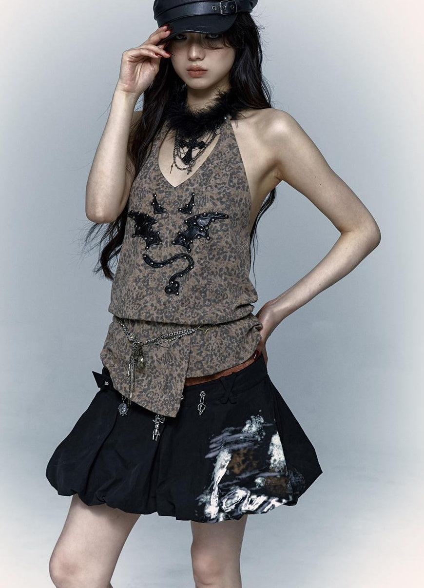 NO ROMANCE禁忌浪漫 Punk Rock Spiked Devil Embroidery Leopard Print Halter Vest Top