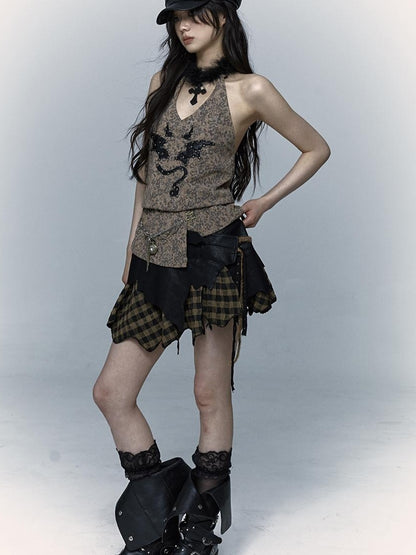 NO ROMANCE禁忌浪漫 Punk Rock Spiked Devil Embroidery Leopard Print Halter Vest Top
