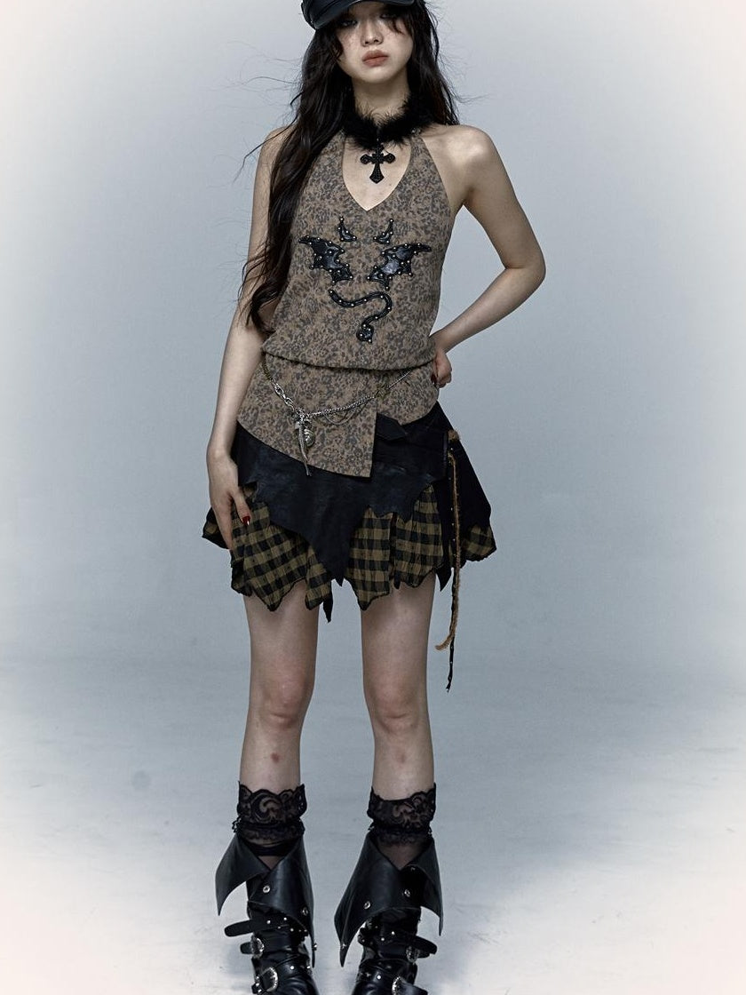 NO ROMANCE禁忌浪漫 Punk Rock Spiked Devil Embroidery Leopard Print Halter Vest Top