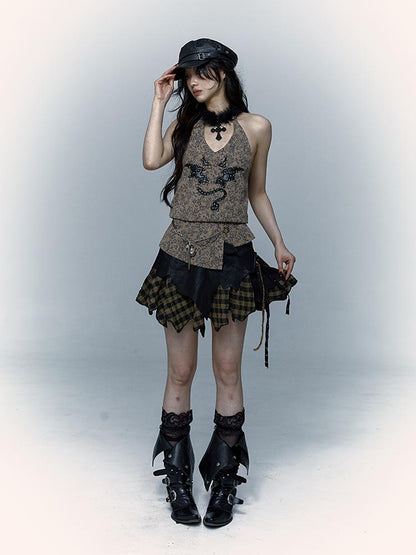 NO ROMANCE禁忌浪漫 Punk Rock Spiked Devil Embroidery Leopard Print Halter Vest Top