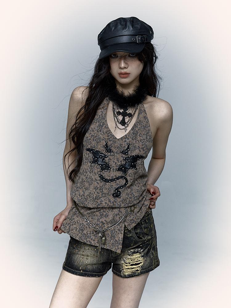 NO ROMANCE禁忌浪漫 Punk Rock Spiked Devil Embroidery Leopard Print Halter Vest Top