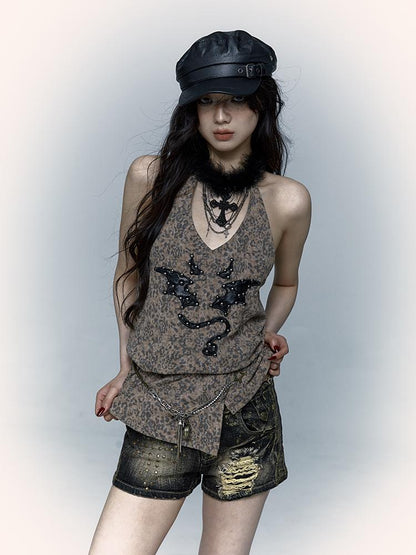 NO ROMANCE禁忌浪漫 Punk Rock Spiked Devil Embroidery Leopard Print Halter Vest Top
