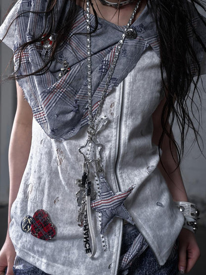 NO ROMANCE Punk Rock Star Lace Rhinestone Keychain Necklace Waistchain