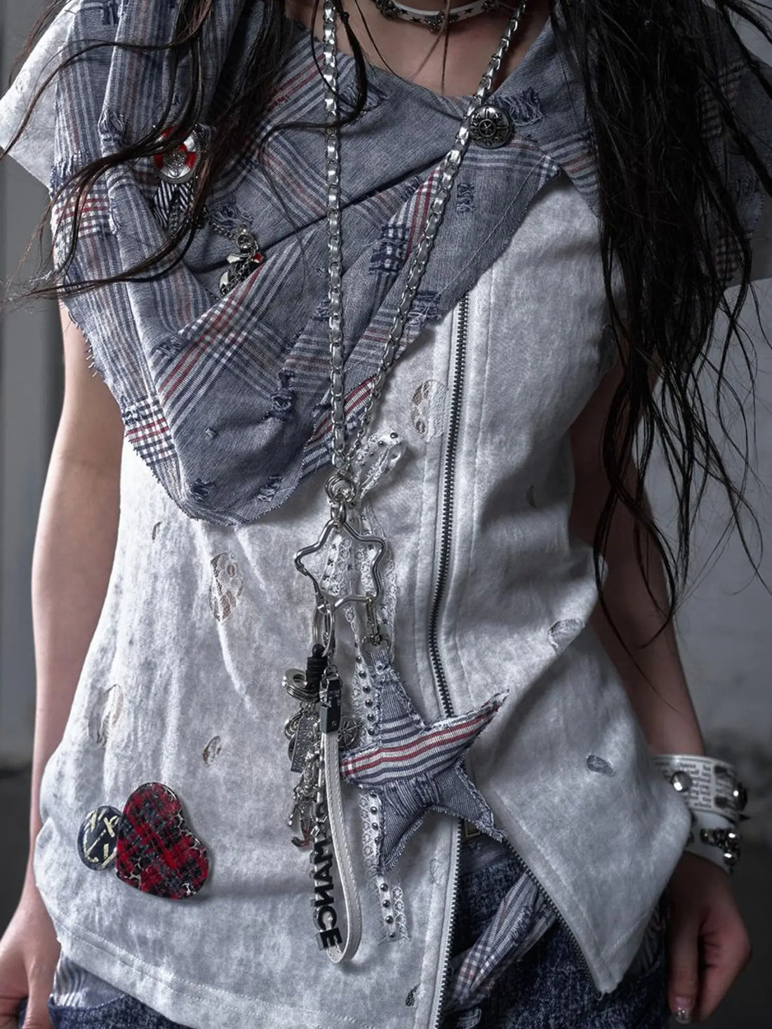 Punk Rock Star Lace Rhinestone Keychain Necklace Waistchain