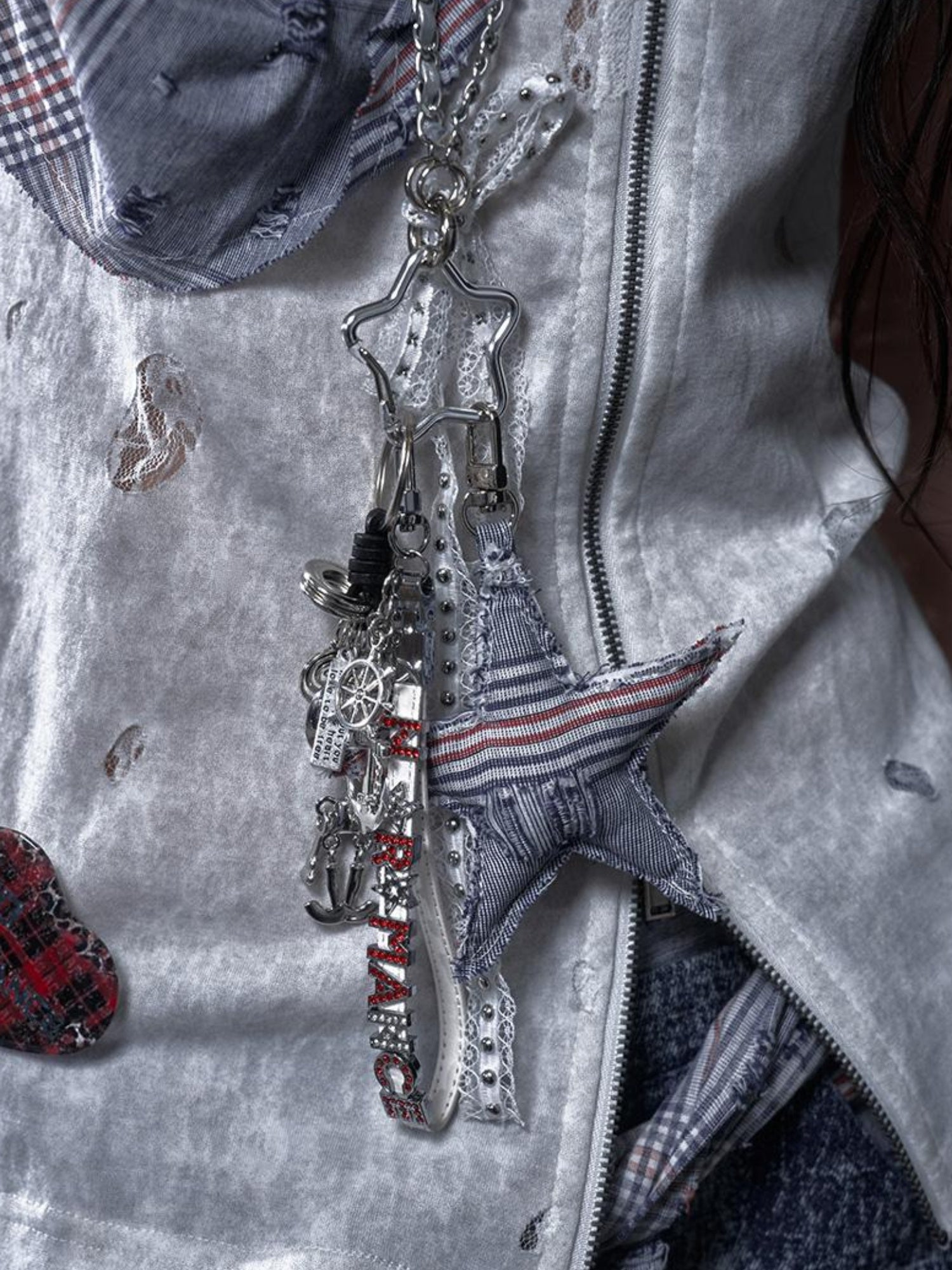 NO ROMANCE Punk Rock Star Lace Rhinestone Keychain Necklace Waistchain