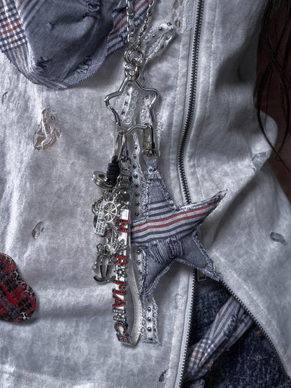 NO ROMANCE Punk Rock Star Lace Rhinestone Keychain Necklace Waistchain