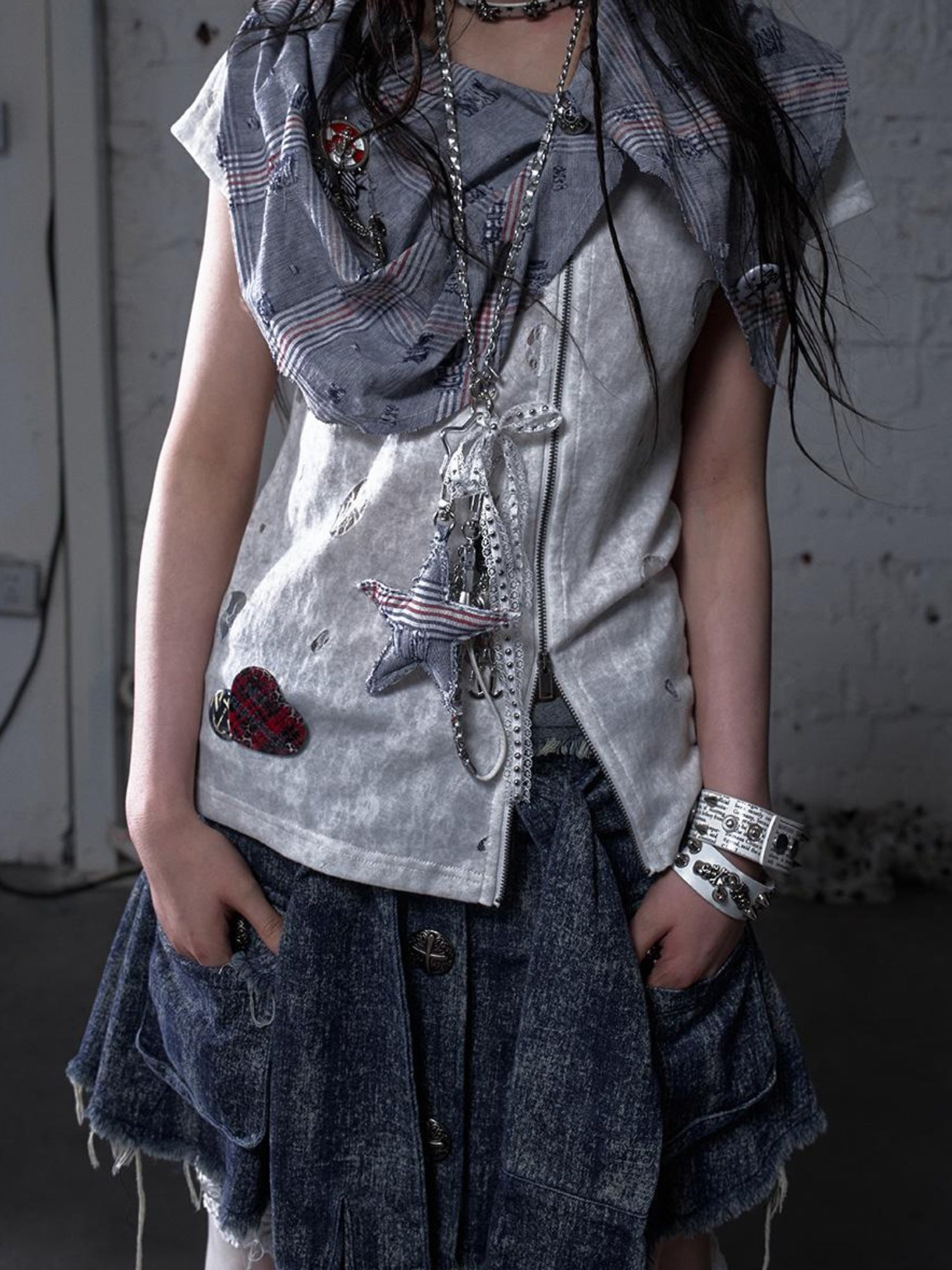 NO ROMANCE Punk Rock Star Lace Rhinestone Keychain Necklace Waistchain