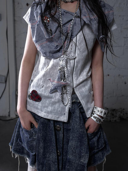NO ROMANCE Punk Rock Star Lace Rhinestone Keychain Necklace Waistchain