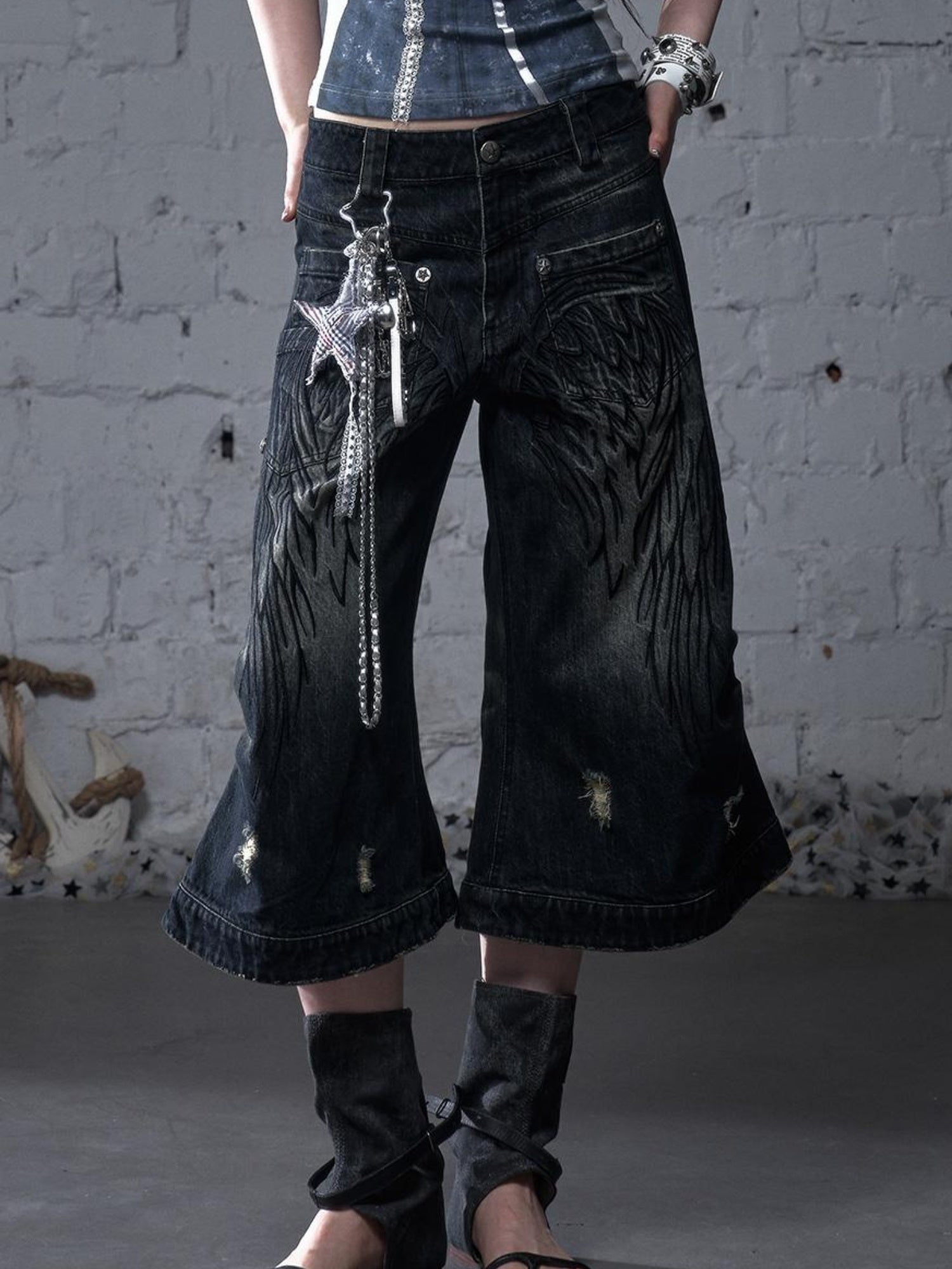 NO ROMANCE Punk Rock Star Lace Rhinestone Keychain Necklace Waistchain