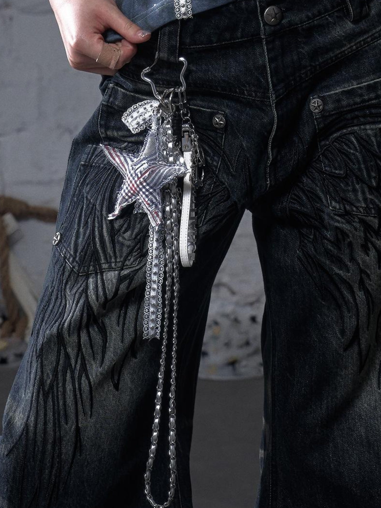 NO ROMANCE Punk Rock Star Lace Rhinestone Keychain Necklace Waistchain